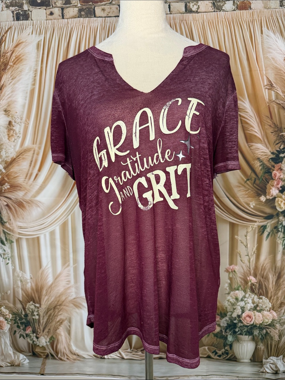Maurices Burgundy V-Neck 'Grace Gratitude and Grit' Tee